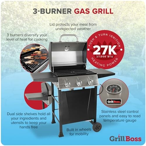 3-burner gas grill with lid, side shelves, and GrillBoss branding.