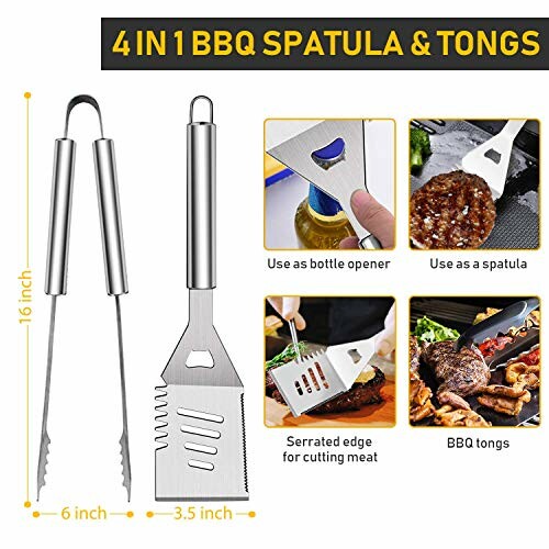 4 in 1 BBQ spatula and tongs with additional features like bottle opener and serrated edge.