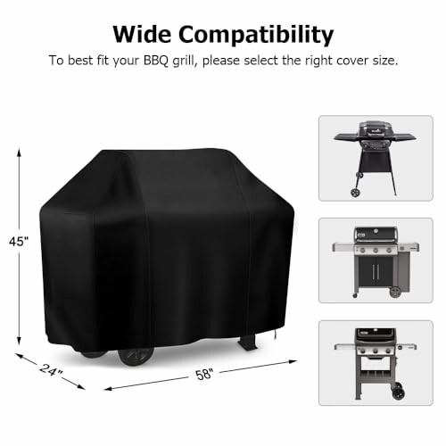 BBQ grill cover with compatibility sizes and grill examples