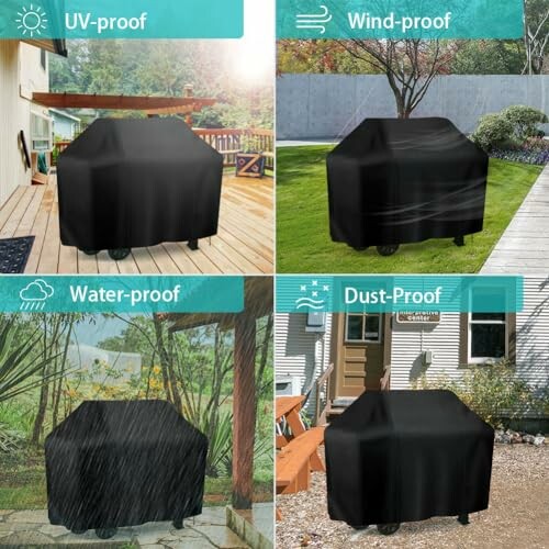 BBQ grill covers demonstrating UV, wind, water, and dust protection.