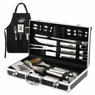 Complete BBQ grill tool set with apron and carrying case.