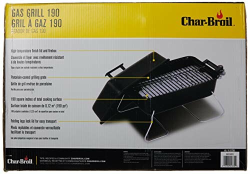 Char-Broil Gas Grill 190 packaging with grill image and features listed.