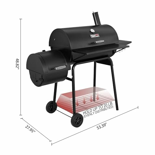 Charcoal grill with side smoker and dimensions.