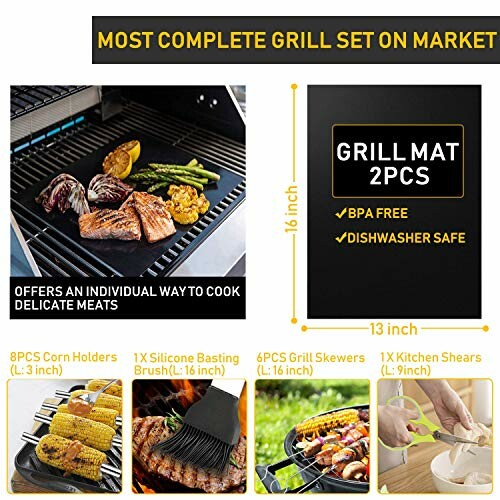 Most complete grill set with grill mat, corn holders, basting brush, skewers, and kitchen shears.