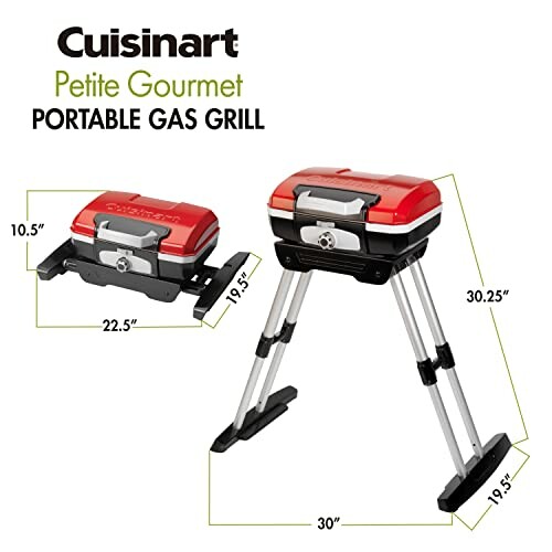 Cuisinart Petite Gourmet portable gas grill with dimensions.