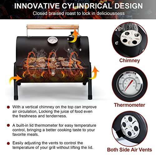 Cylindrical grill with chimney, thermometer, and air vents.