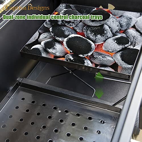 Dual-zone individual control charcoal trays in grill.