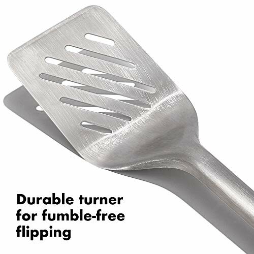 Metal slotted turner with text 'Durable turner for fumble-free flipping'.