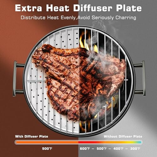 Comparison of grill with and without heat diffuser plate showing even cooking.