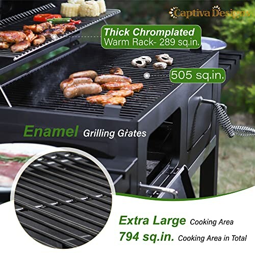 Large grill with chromplated warm rack and enamel grilling grates, featuring various meats.