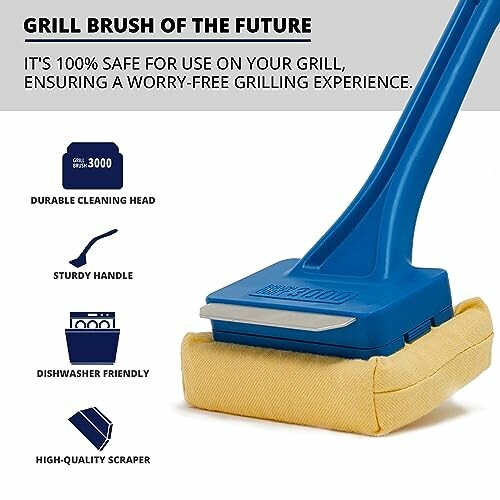 Innovative grill brush with durable head, sturdy handle, and dishwasher friendly features.