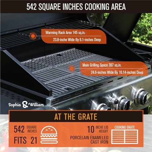 Diagram showing gas grill cooking area with dimensions and features.