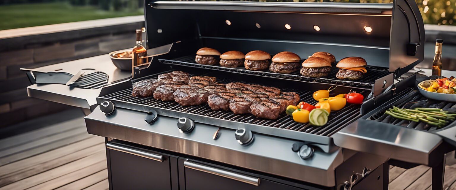 Gas grill with burgers