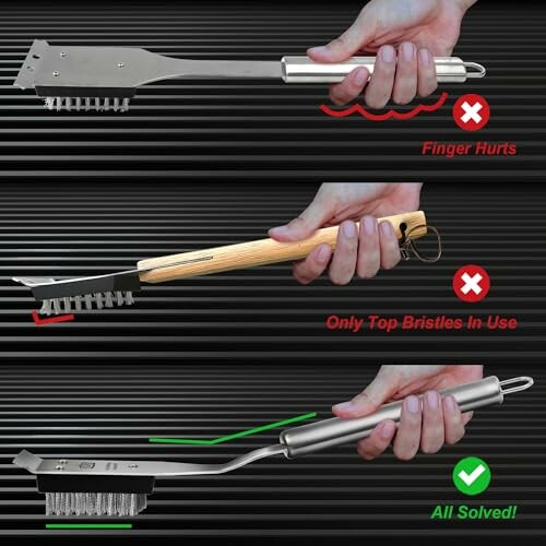 Comparison of three grill brushes showing different designs and effectiveness.