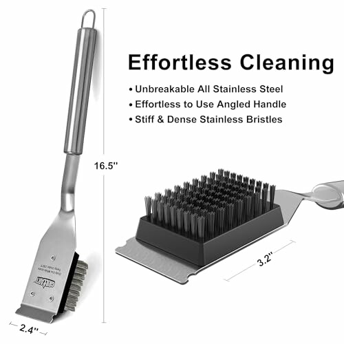 Stainless steel grill brush with angled handle and dense bristles for effortless cleaning.