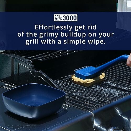 Grill being cleaned with a blue brush.