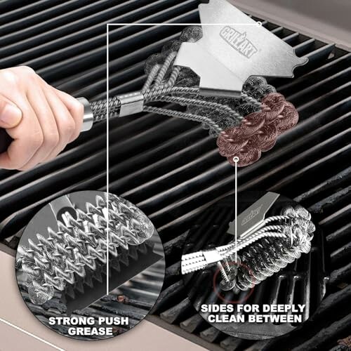 Person using a grill cleaning brush on a barbecue grill.