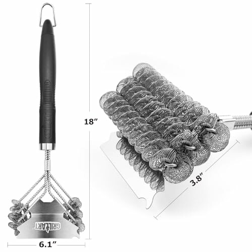 Heavy-duty grill cleaning brush with metal bristles and long handle