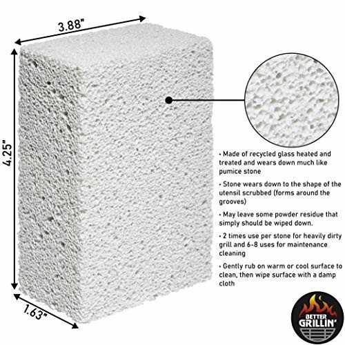 Grill cleaning stone with product details and dimensions.