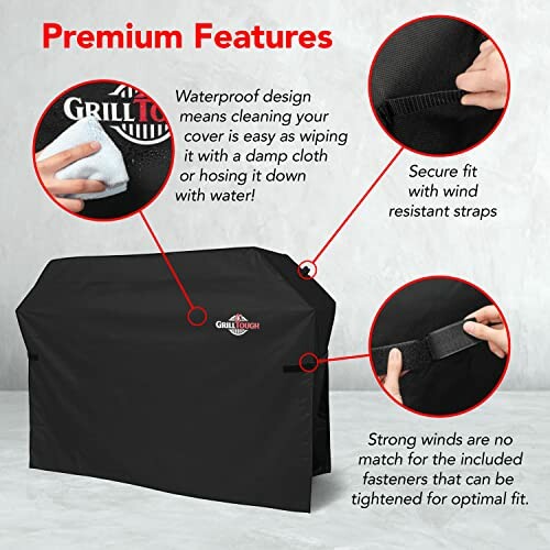 Black grill cover with premium features including waterproof design, wind resistant straps, and secure fasteners.