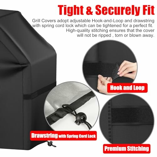 Grill cover with hook and loop, drawstring, and premium stitching for secure fit