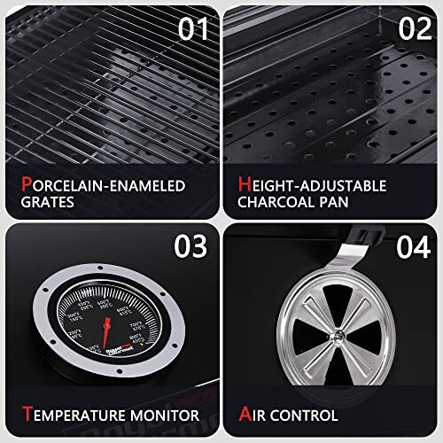 Grill with porcelain-enameled grates, adjustable charcoal pan, temperature monitor, and air control.