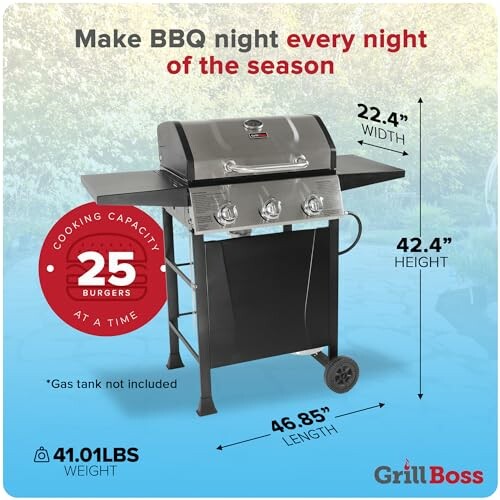 GrillBoss BBQ grill with dimensions and cooking capacity details.