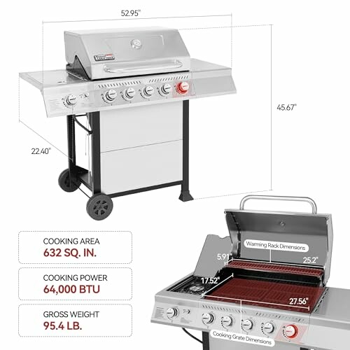 Diagram of an outdoor gas grill with dimensions and features highlighted.