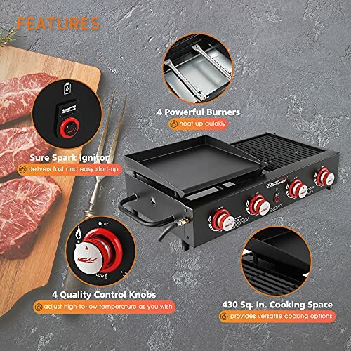 Outdoor griddle with 4 burners, control knobs, and cooking space features.