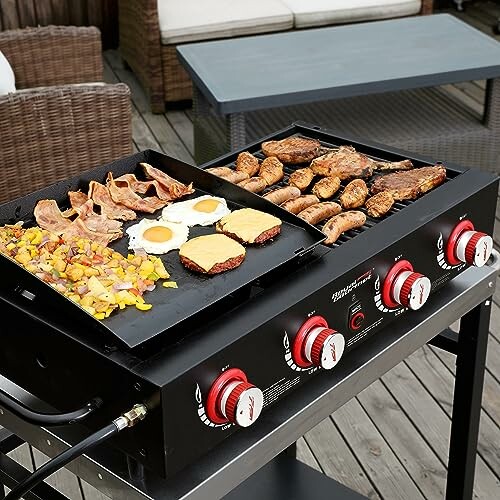 Outdoor grill with various foods cooking on a patio.