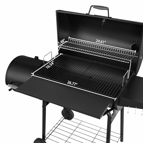 Outdoor grill and smoker with open lid showing cooking grates and dimensions.