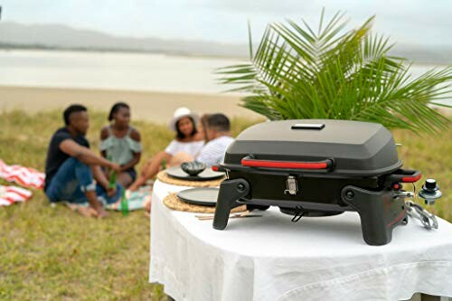 Portable grill on table at beach picnic with friends.