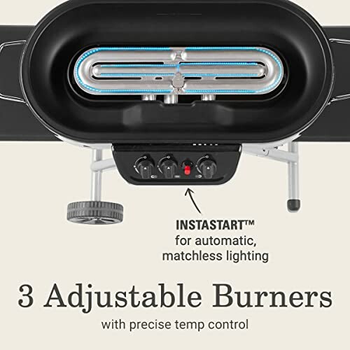 Portable grill with three adjustable burners and matchless lighting.