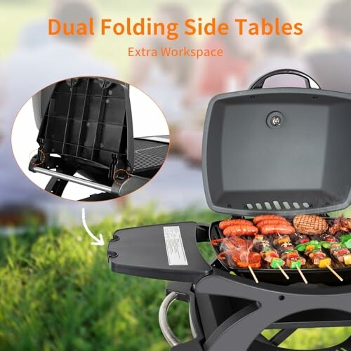 Portable grill with folding side tables and food cooking.