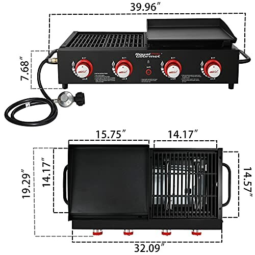 Portable outdoor grill with dimensions and control panel.