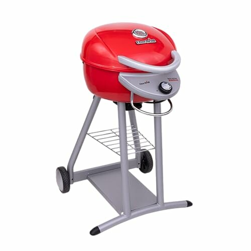 Red charcoal grill with stand and wheels