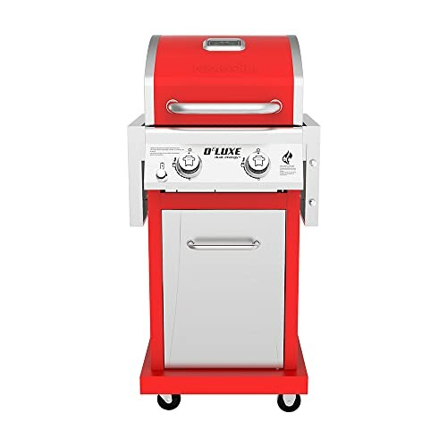 Red gas grill with two burners and wheels