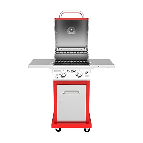 Red gas grill with two burners and open lid