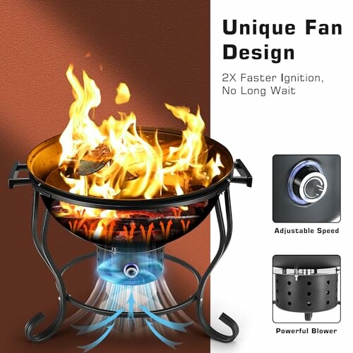 Fire pit with unique fan design for faster ignition, featuring adjustable speed and powerful blower.