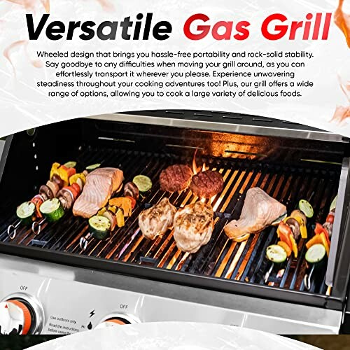 Gas grill with vegetables, chicken, and steak cooking on it.