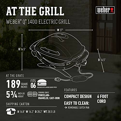 Weber Q 1400 electric grill features and dimensions.