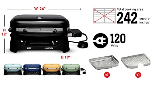 Weber Lumin electric grill with dimensions and accessories.